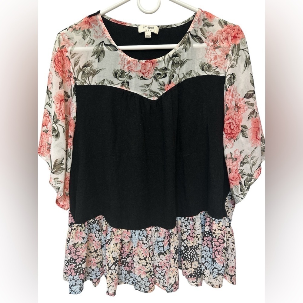Umgee linen cotton blend tee floral ruffle sleeve and bottom
